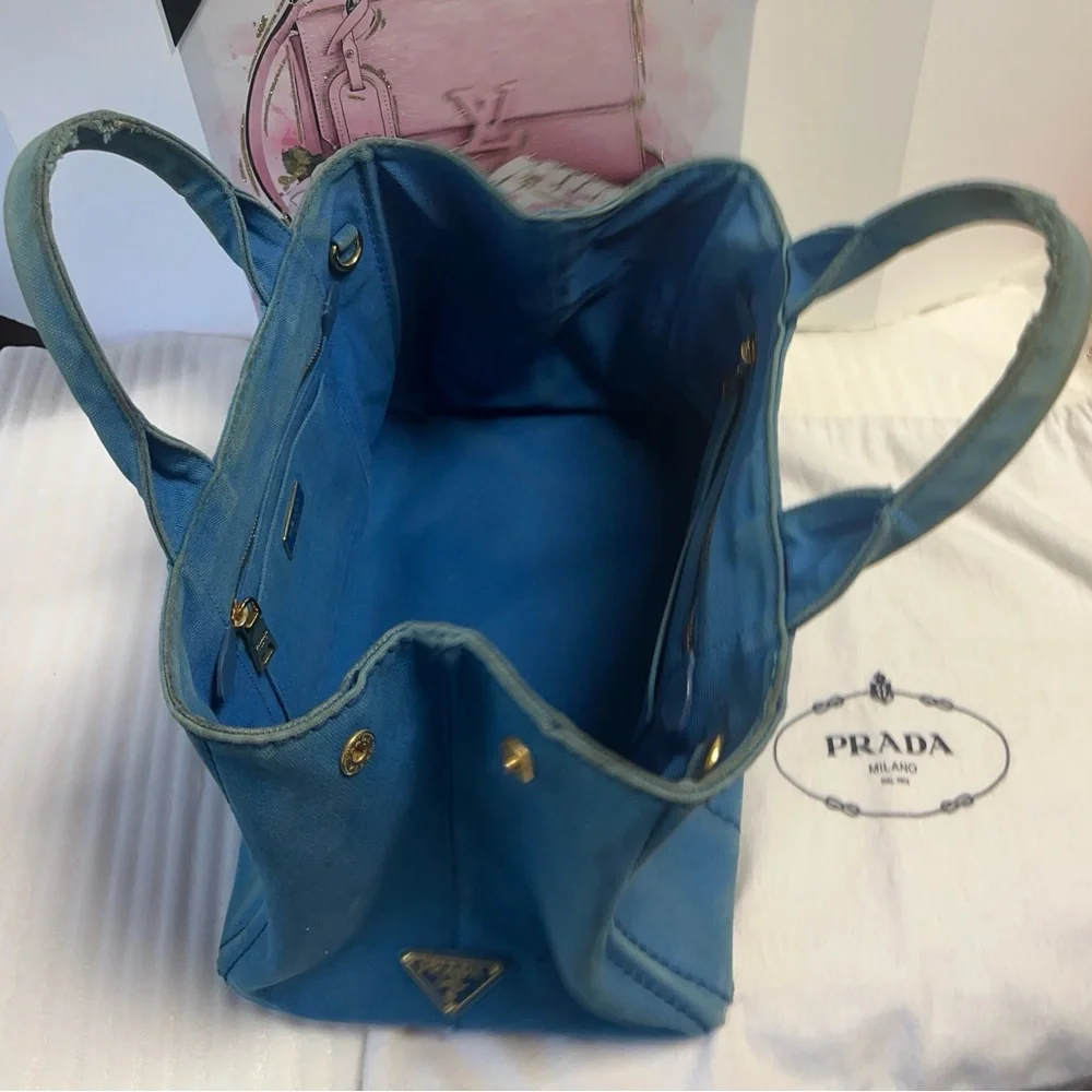 Prada Canapa Blue Denim Canvas Tote Bag Distressed Jeans - Picture 6 of 11